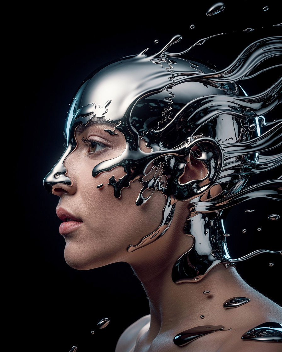 AI-generated surreal portrait of a face dissolving into liquid chrome