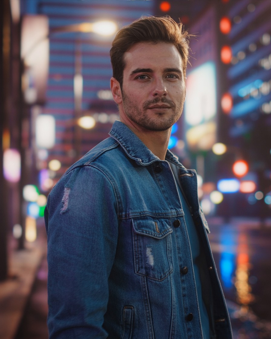 The same AI-generated character on a neon-lit city street at night, consistent face and outfit