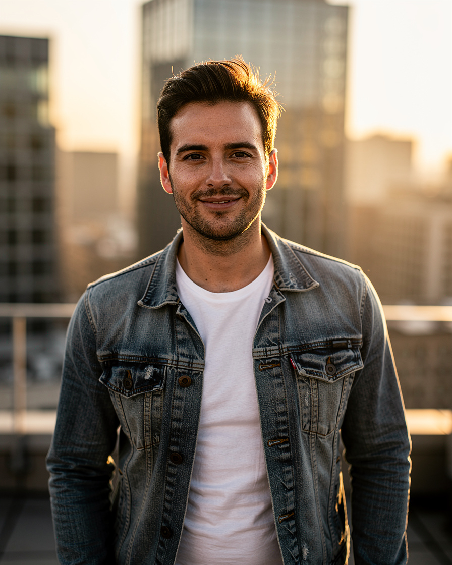 AI-generated portrait of a man in a denim jacket on a sunlit rooftop at golden hour