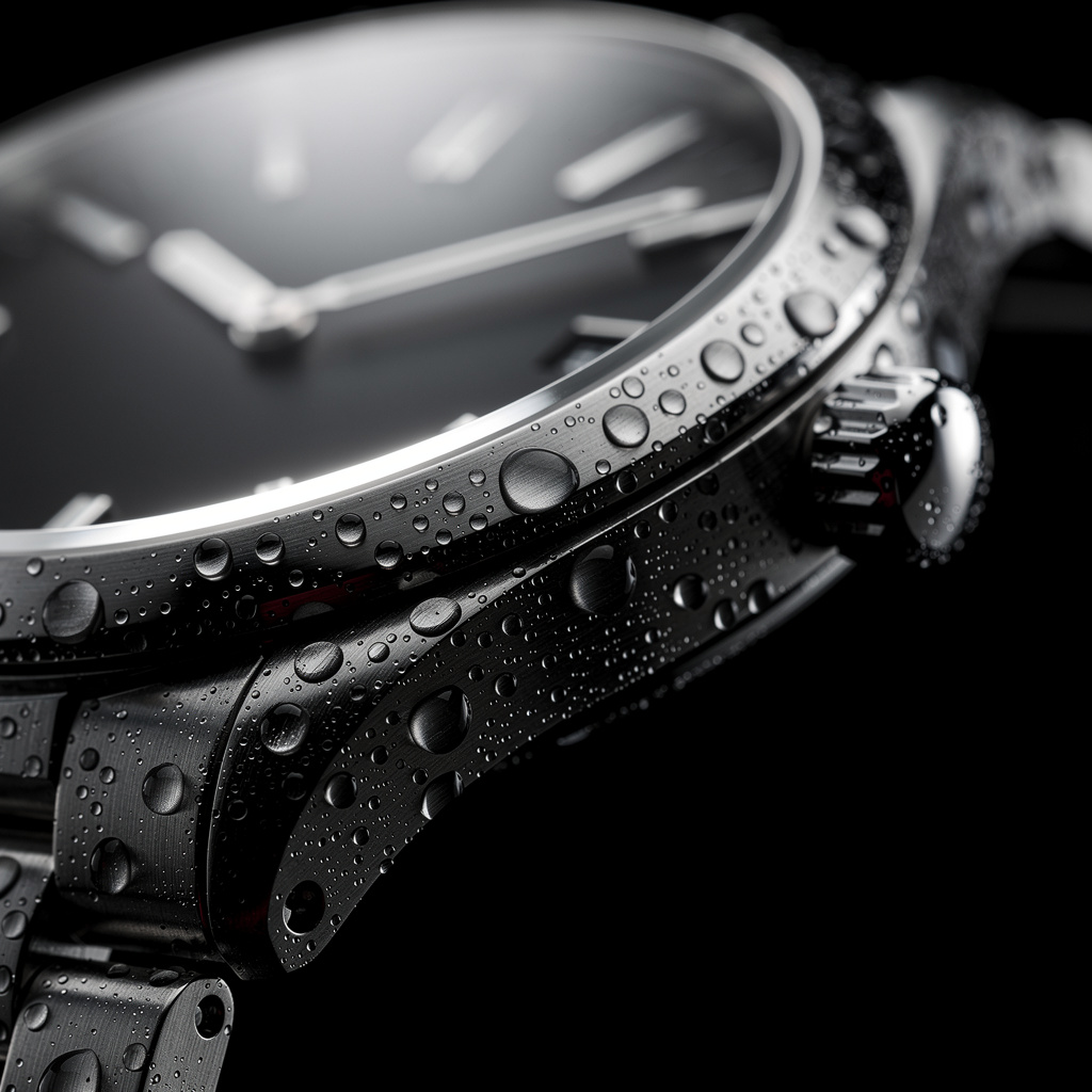 AI-generated macro product photo of a luxury wristwatch with water droplets on brushed steel